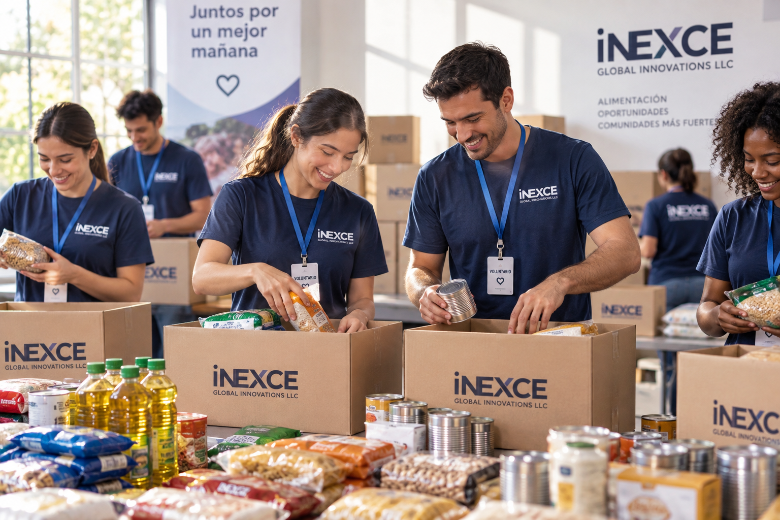 Voluntariado preparando paquetes de alimentos con identidad de INEXCE